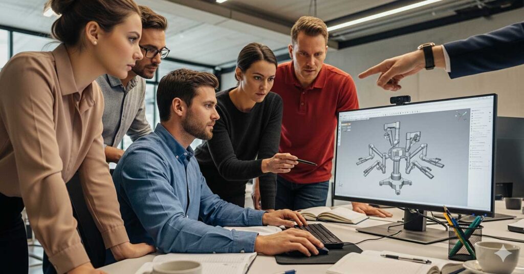 Professional product designers at ABYN Studio reviewing a 3D prototype model as part of the integrated product design process.